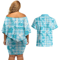 Polu Aloha Hawaii Couples Matching Off Shoulder Short Dress and Hawaiian Shirt Plumeria Lei With Palaka Motif - Polynesian Pride