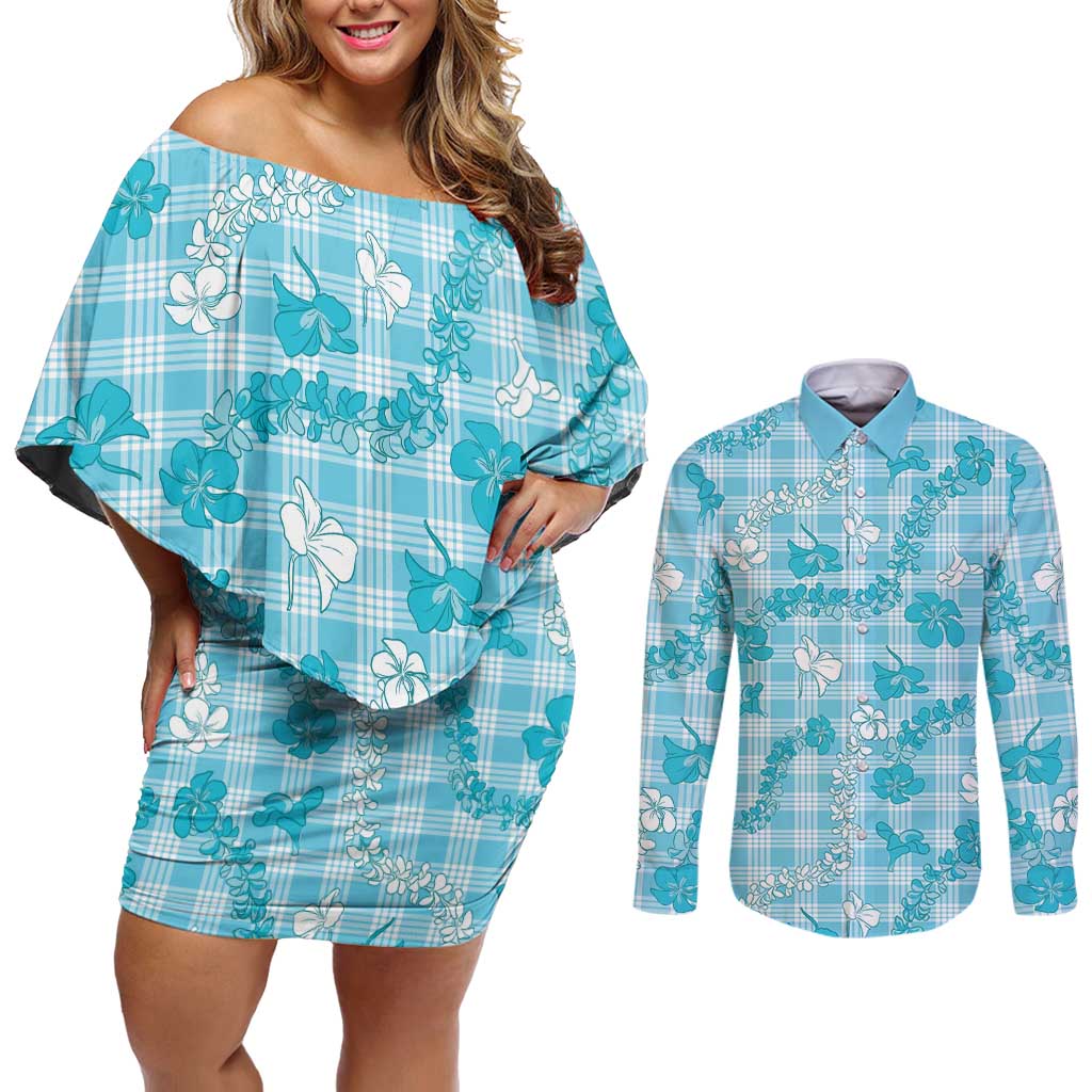 Polu Aloha Hawaii Couples Matching Off Shoulder Short Dress and Long Sleeve Button Shirt Plumeria Lei With Palaka Motif - Polynesian Pride
