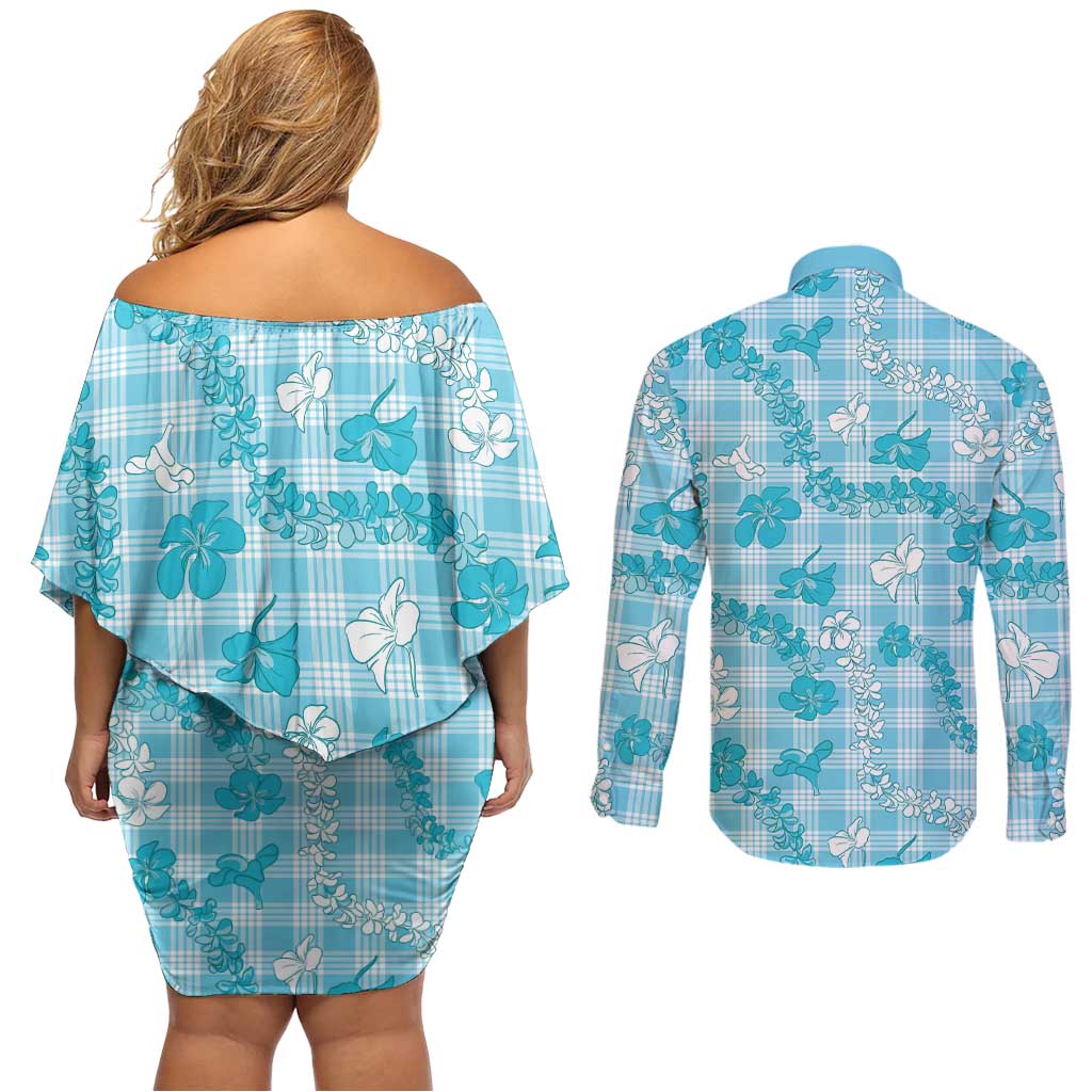 Polu Aloha Hawaii Couples Matching Off Shoulder Short Dress and Long Sleeve Button Shirt Plumeria Lei With Palaka Motif LT14 - Polynesian Pride