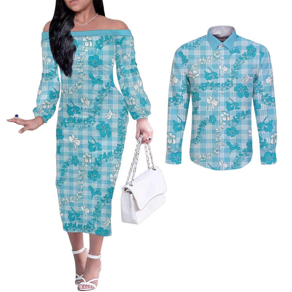 Polu Aloha Hawaii Couples Matching Off The Shoulder Long Sleeve Dress and Long Sleeve Button Shirt Plumeria Lei With Palaka Motif - Polynesian Pride