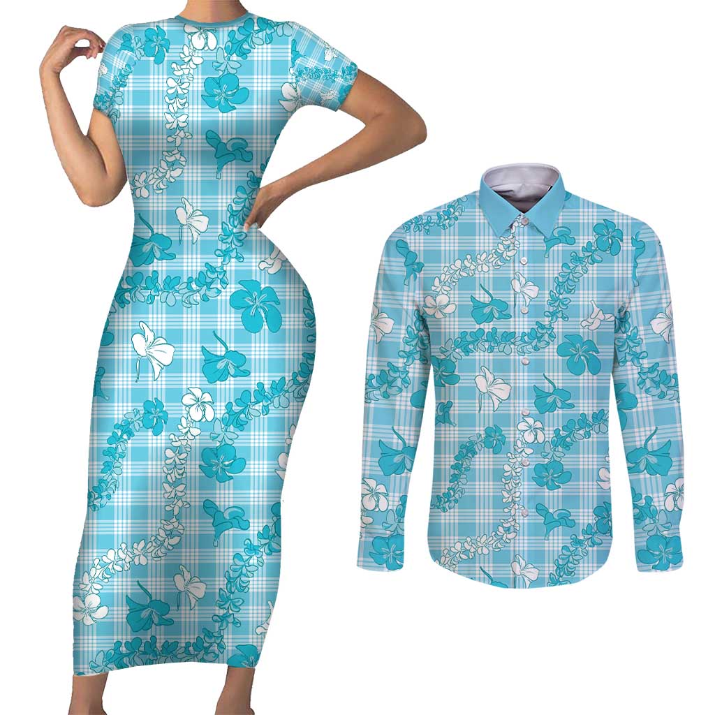 Polu Aloha Hawaii Couples Matching Short Sleeve Bodycon Dress and Long Sleeve Button Shirt Plumeria Lei With Palaka Motif - Polynesian Pride