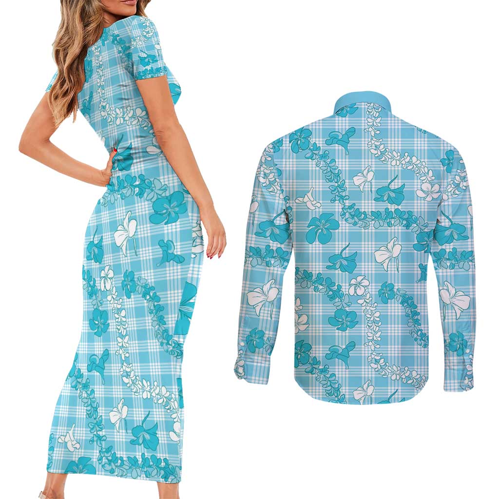 Polu Aloha Hawaii Couples Matching Short Sleeve Bodycon Dress and Long Sleeve Button Shirt Plumeria Lei With Palaka Motif LT14 - Polynesian Pride