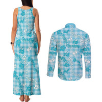 Polu Aloha Hawaii Couples Matching Tank Maxi Dress and Long Sleeve Button Shirt Plumeria Lei With Palaka Motif LT14 - Polynesian Pride