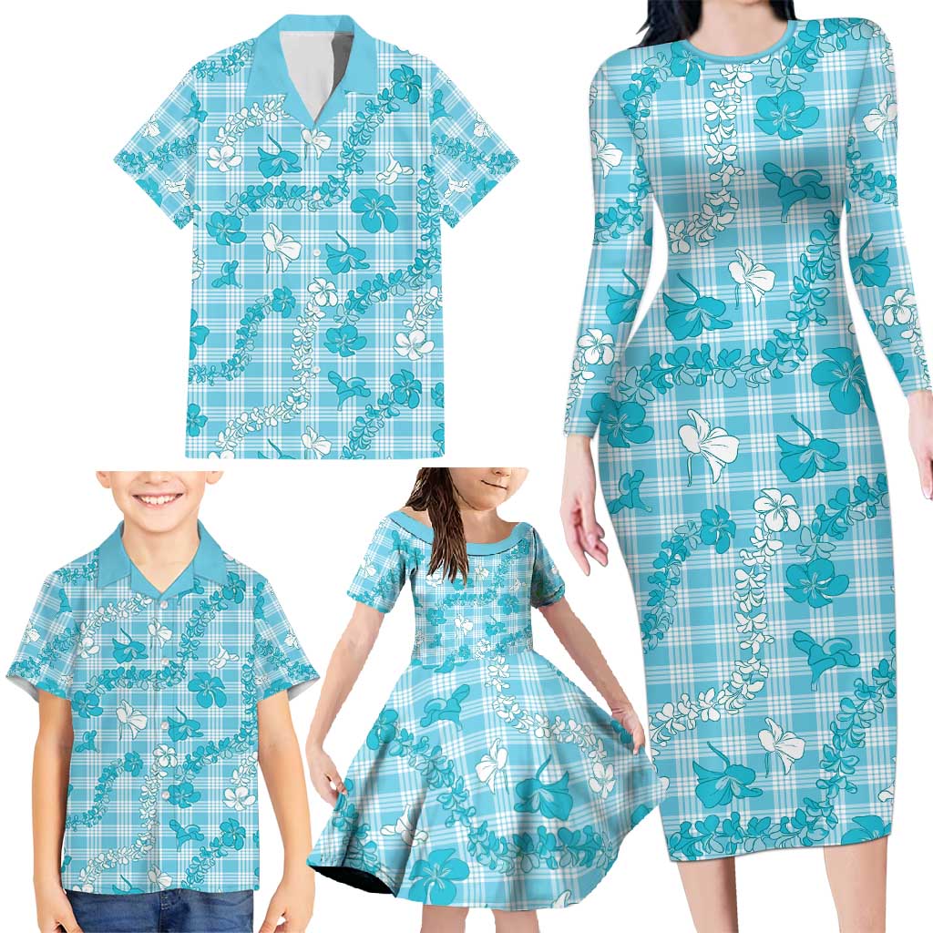Polu Aloha Hawaii Family Matching Long Sleeve Bodycon Dress and Hawaiian Shirt Plumeria Lei With Palaka Motif - Polynesian Pride