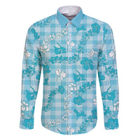 Polu Aloha Hawaii Family Matching Mermaid Dress and Hawaiian Shirt Plumeria Lei With Palaka Motif LT14 Dad's Shirt - Long Sleeve Blue - Polynesian Pride
