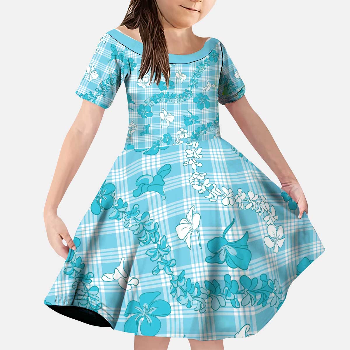 Polu Aloha Hawaii Kid Short Sleeve Dress Plumeria Lei With Palaka Motif - Polynesian Pride