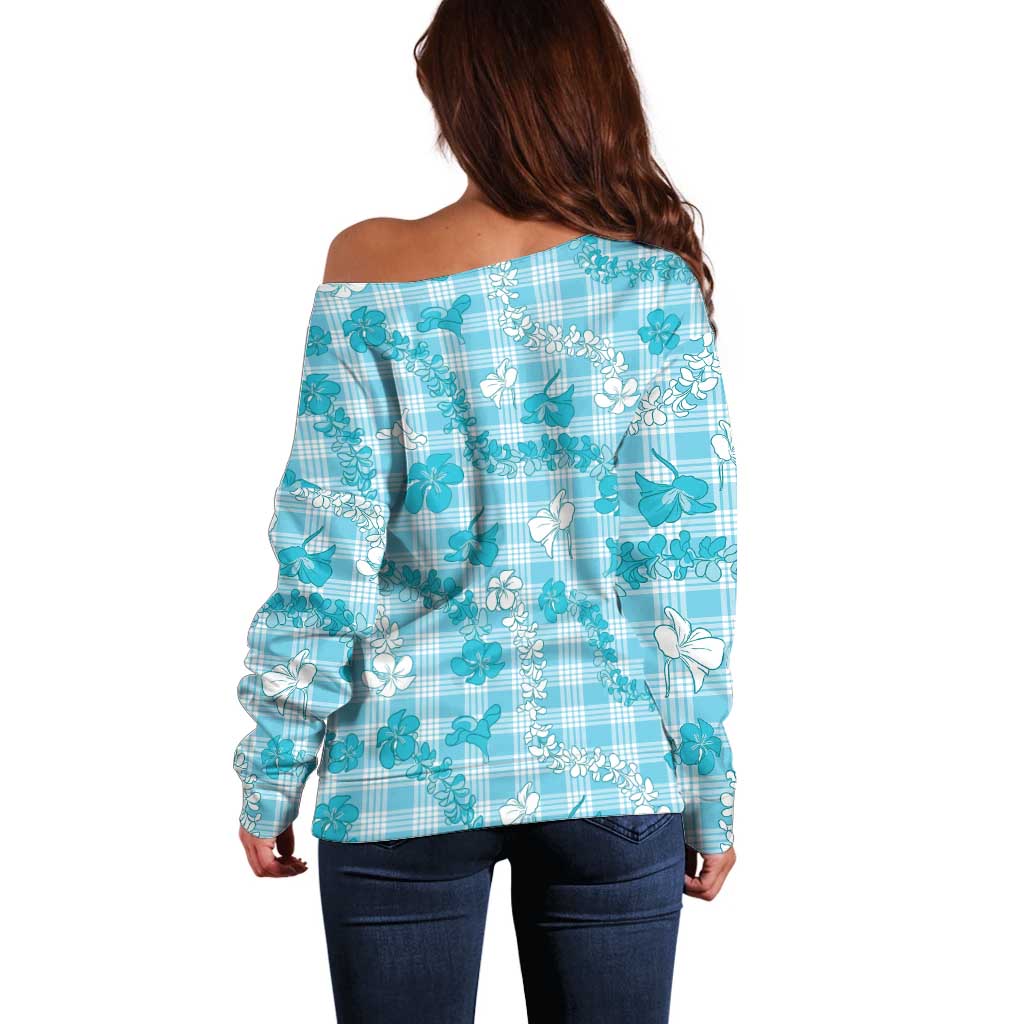 Polu Aloha Hawaii Off Shoulder Sweater Plumeria Lei With Palaka Motif - Polynesian Pride