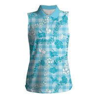 Polu Aloha Hawaii Women Sleeveless Polo Shirt Plumeria Lei With Palaka Motif LT14 Female Blue - Polynesian Pride