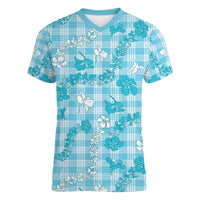 Polu Aloha Hawaii Women V-Neck T-Shirt Plumeria Lei With Palaka Motif LT14 Female Blue - Polynesian Pride