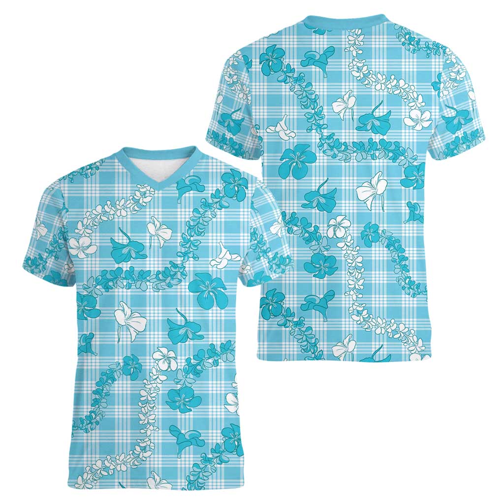 Polu Aloha Hawaii Women V-Neck T-Shirt Plumeria Lei With Palaka Motif LT14 - Polynesian Pride