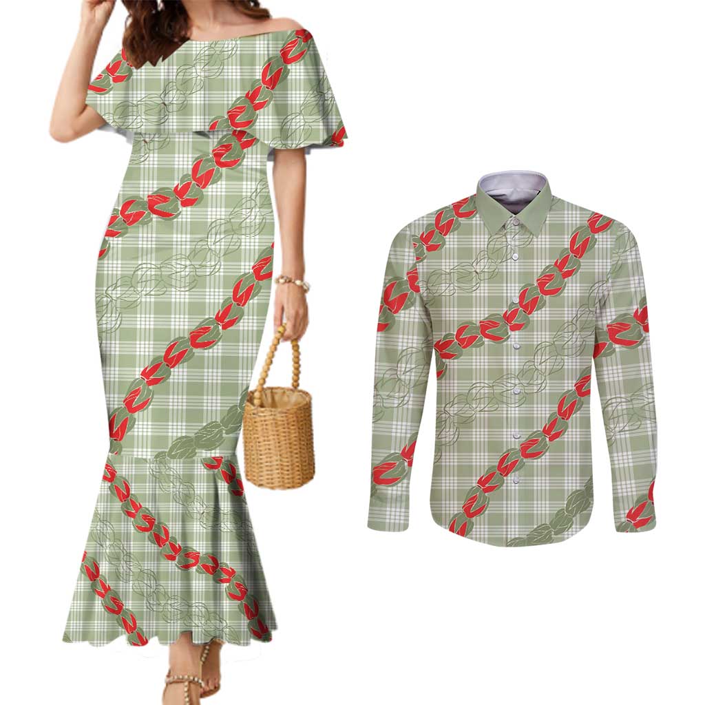 Omaomao Aloha Hawaii Couples Matching Mermaid Dress and Long Sleeve Button Shirt Rosebud Lei With Palaka Motif - Polynesian Pride