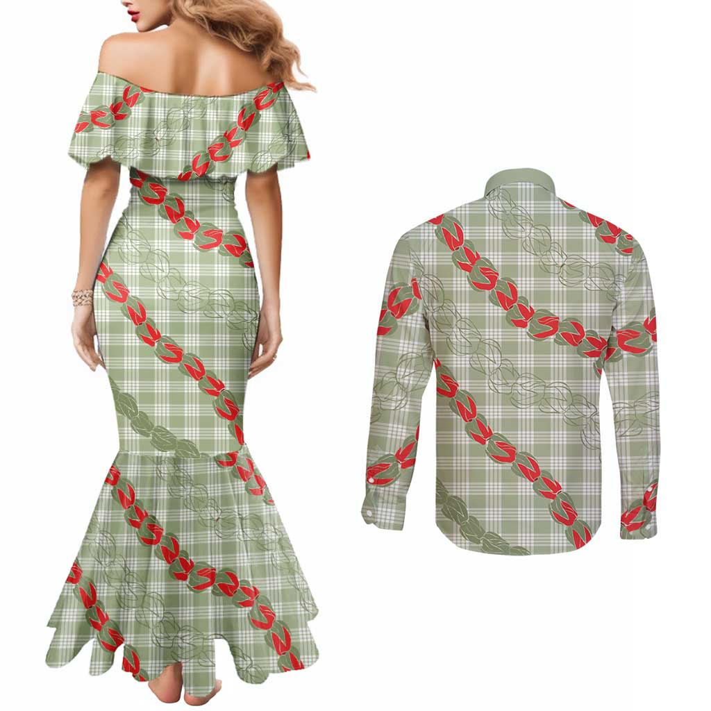 Omaomao Aloha Hawaii Couples Matching Mermaid Dress and Long Sleeve Button Shirt Rosebud Lei With Palaka Motif - Polynesian Pride
