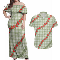 Omaomao Aloha Hawaii Couples Matching Off Shoulder Maxi Dress and Hawaiian Shirt Rosebud Lei With Palaka Motif - Polynesian Pride