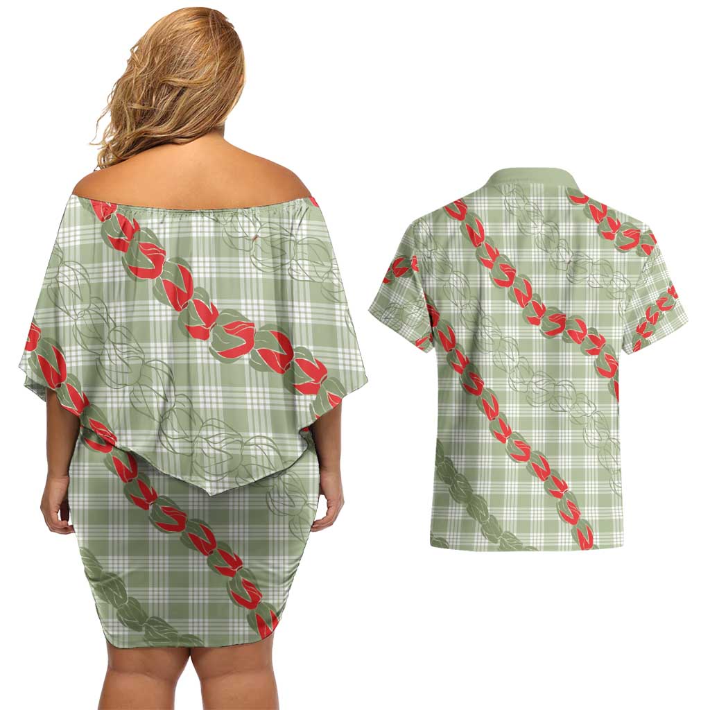 Omaomao Aloha Hawaii Couples Matching Off Shoulder Short Dress and Hawaiian Shirt Rosebud Lei With Palaka Motif - Polynesian Pride