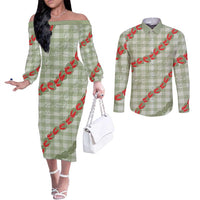 Omaomao Aloha Hawaii Couples Matching Off The Shoulder Long Sleeve Dress and Long Sleeve Button Shirt Rosebud Lei With Palaka Motif LT14 Green - Polynesian Pride