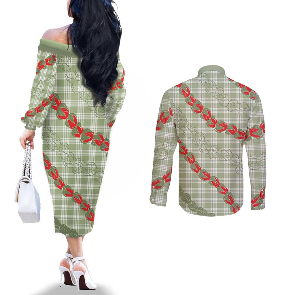 Omaomao Aloha Hawaii Couples Matching Off The Shoulder Long Sleeve Dress and Long Sleeve Button Shirt Rosebud Lei With Palaka Motif LT14 - Polynesian Pride