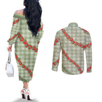 Omaomao Aloha Hawaii Couples Matching Off The Shoulder Long Sleeve Dress and Long Sleeve Button Shirt Rosebud Lei With Palaka Motif LT14 - Polynesian Pride