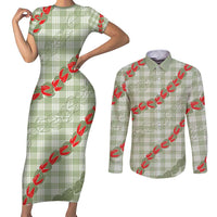 Omaomao Aloha Hawaii Couples Matching Short Sleeve Bodycon Dress and Long Sleeve Button Shirt Rosebud Lei With Palaka Motif LT14 Green - Polynesian Pride