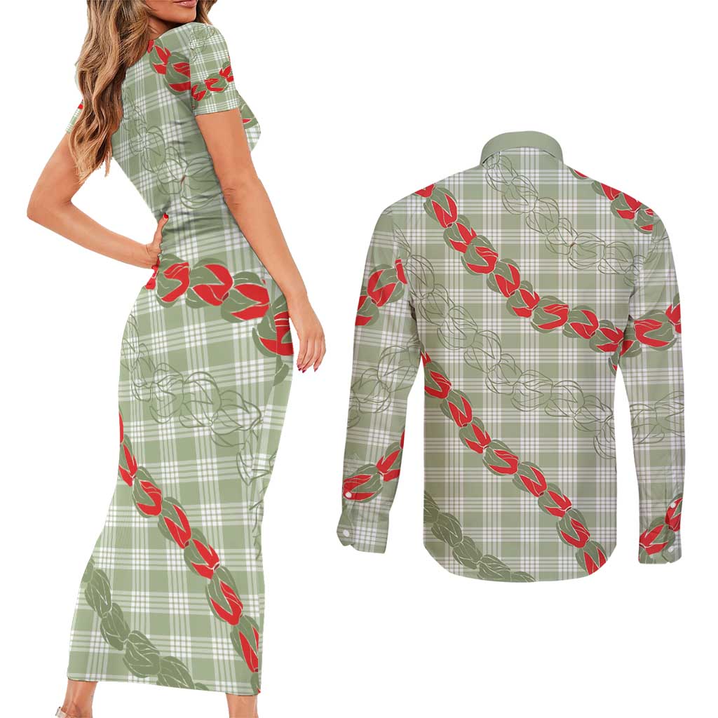 Omaomao Aloha Hawaii Couples Matching Short Sleeve Bodycon Dress and Long Sleeve Button Shirt Rosebud Lei With Palaka Motif LT14 - Polynesian Pride