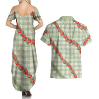 Omaomao Aloha Hawaii Couples Matching Summer Maxi Dress and Hawaiian Shirt Rosebud Lei With Palaka Motif - Polynesian Pride