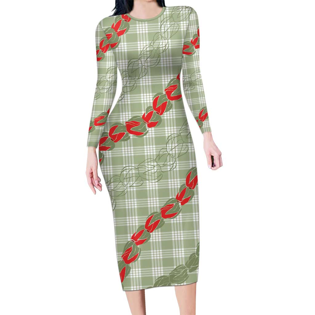 Omaomao Aloha Hawaii Family Matching Long Sleeve Bodycon Dress and Hawaiian Shirt Rosebud Lei With Palaka Motif LT14 Mom's Dress Green - Polynesian Pride