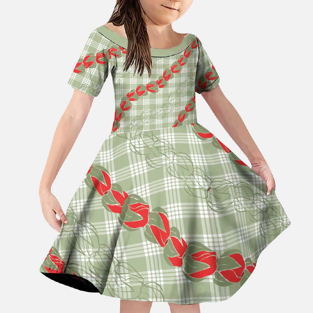 Omaomao Aloha Hawaii Family Matching Short Sleeve Bodycon Dress and Hawaiian Shirt Rosebud Lei With Palaka Motif LT14 Daughter's Dress Green - Polynesian Pride