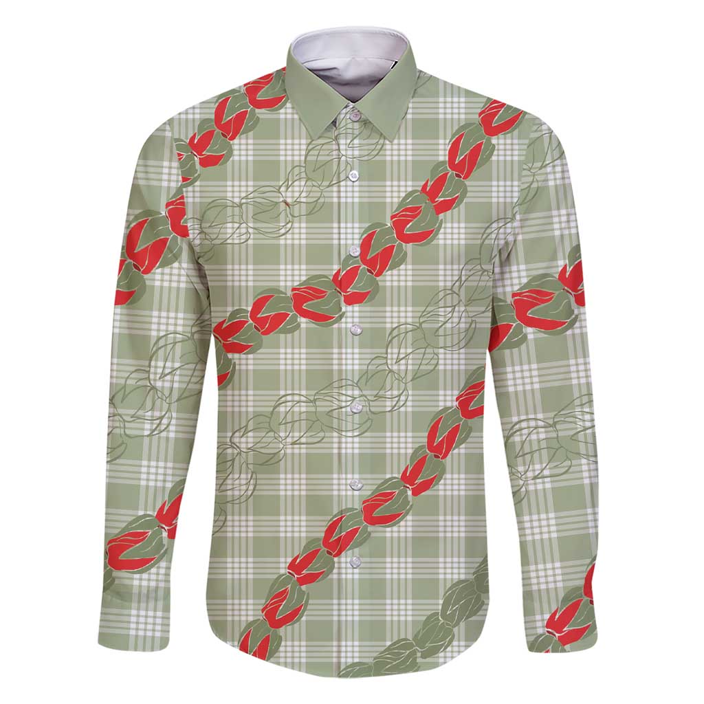 Omaomao Aloha Hawaii Family Matching Short Sleeve Bodycon Dress and Hawaiian Shirt Rosebud Lei With Palaka Motif LT14 Dad's Shirt - Long Sleeve Green - Polynesian Pride