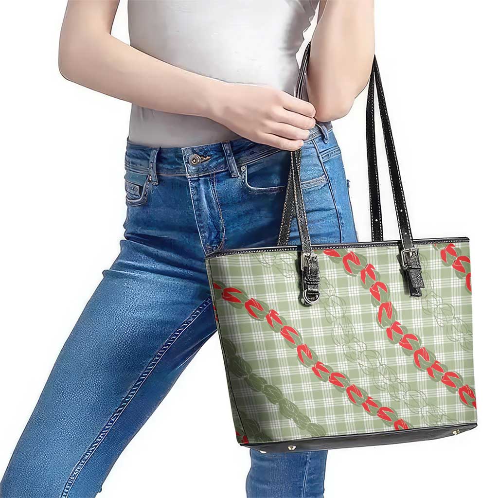 Omaomao Aloha Hawaii Leather Tote Bag Rosebud Lei With Palaka Motif LT14 - Polynesian Pride