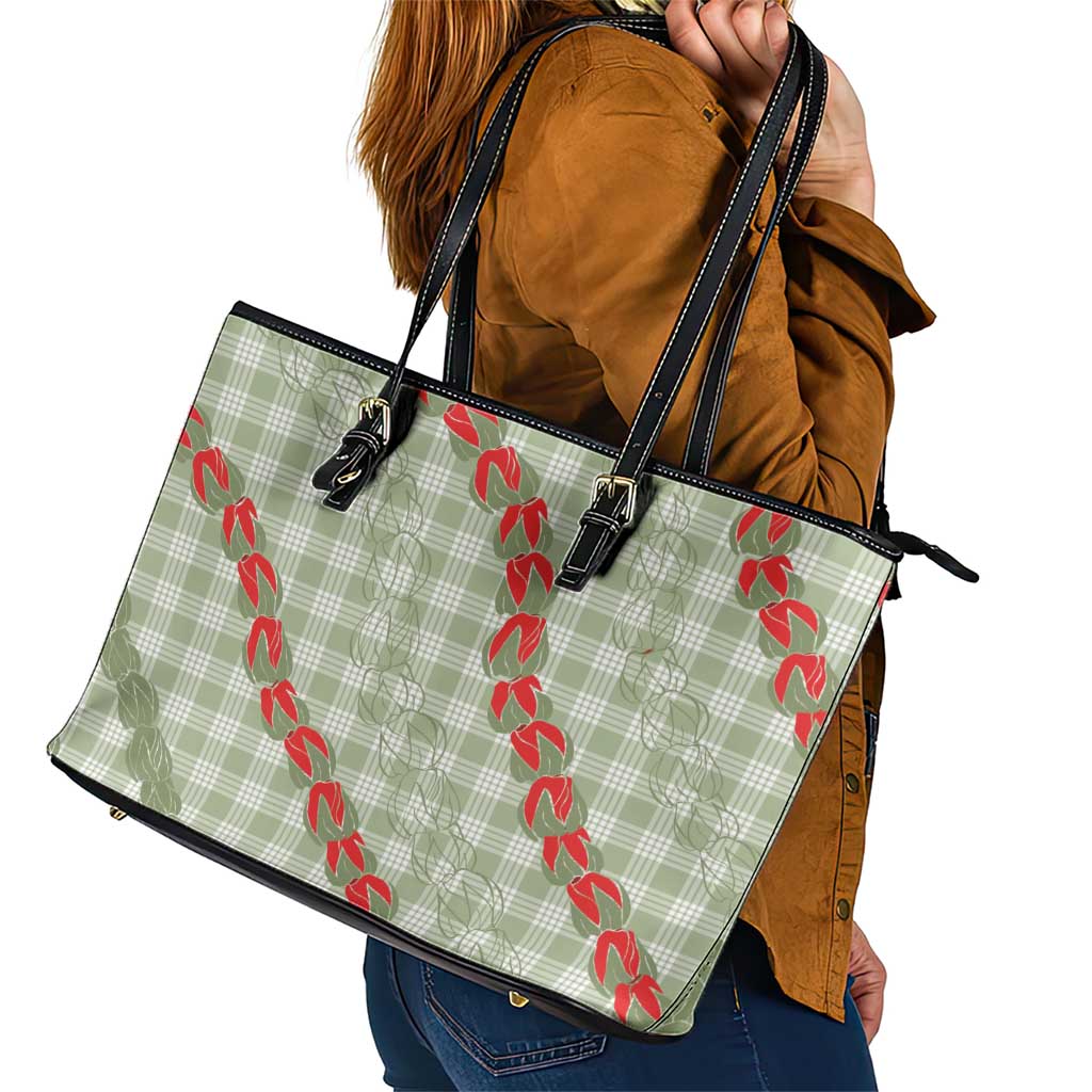 Omaomao Aloha Hawaii Leather Tote Bag Rosebud Lei With Palaka Motif LT14 - Polynesian Pride