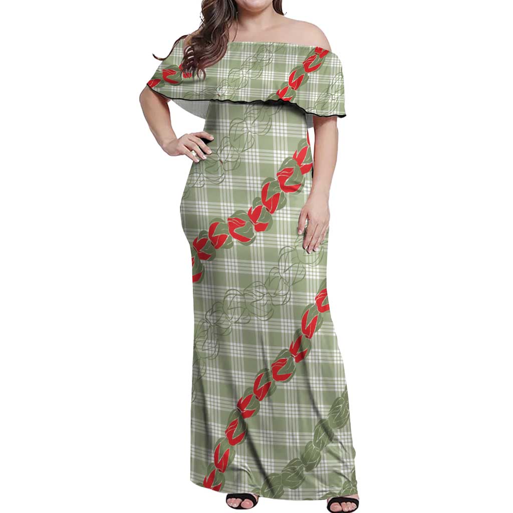 Omaomao Aloha Hawaii Off Shoulder Maxi Dress Rosebud Lei With Palaka Motif - Polynesian Pride