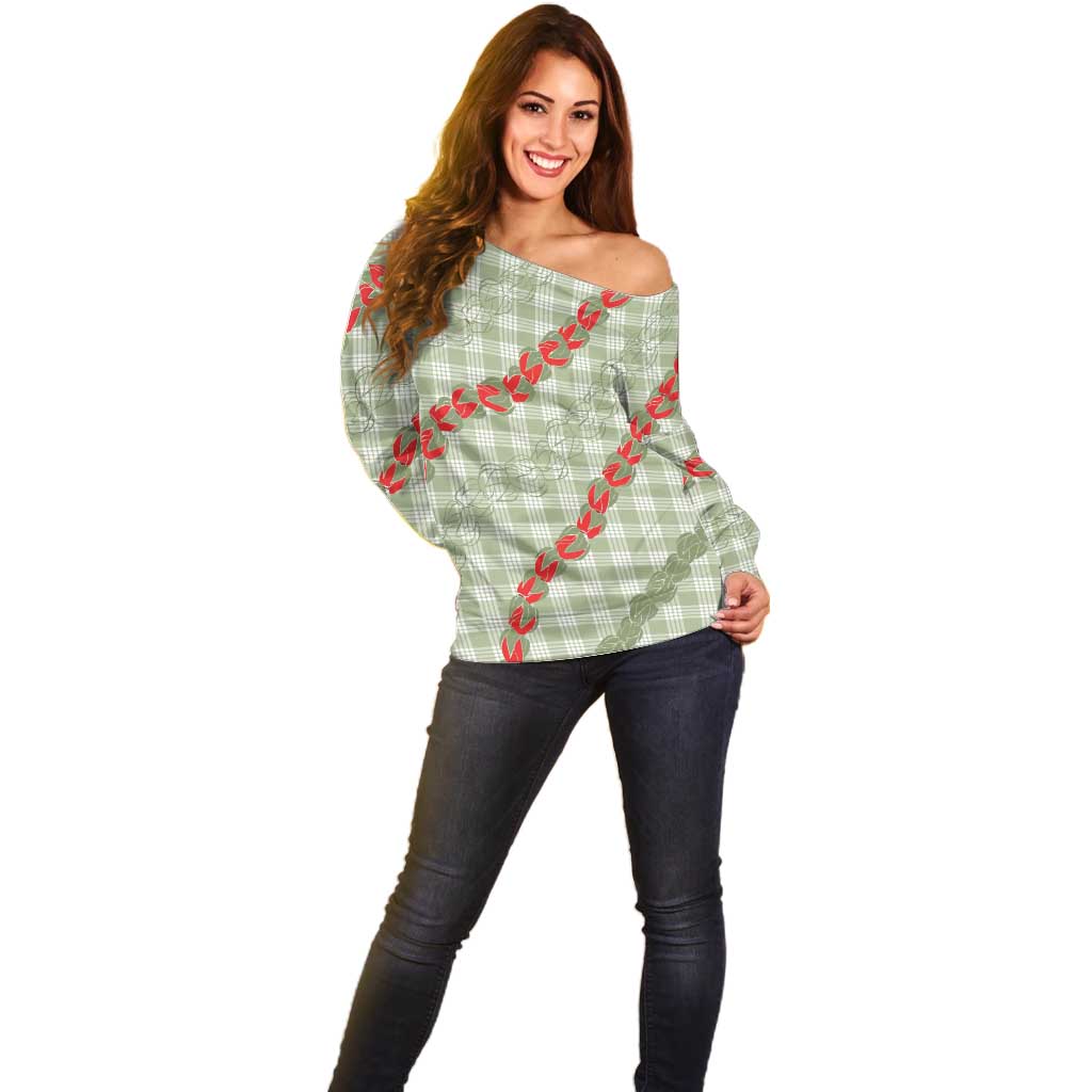 Omaomao Aloha Hawaii Off Shoulder Sweater Rosebud Lei With Palaka Motif - Polynesian Pride