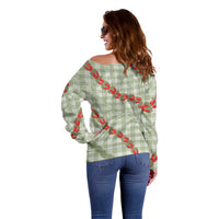 Omaomao Aloha Hawaii Off Shoulder Sweater Rosebud Lei With Palaka Motif - Polynesian Pride