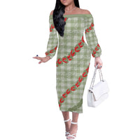 Omaomao Aloha Hawaii Off The Shoulder Long Sleeve Dress Rosebud Lei With Palaka Motif - Polynesian Pride