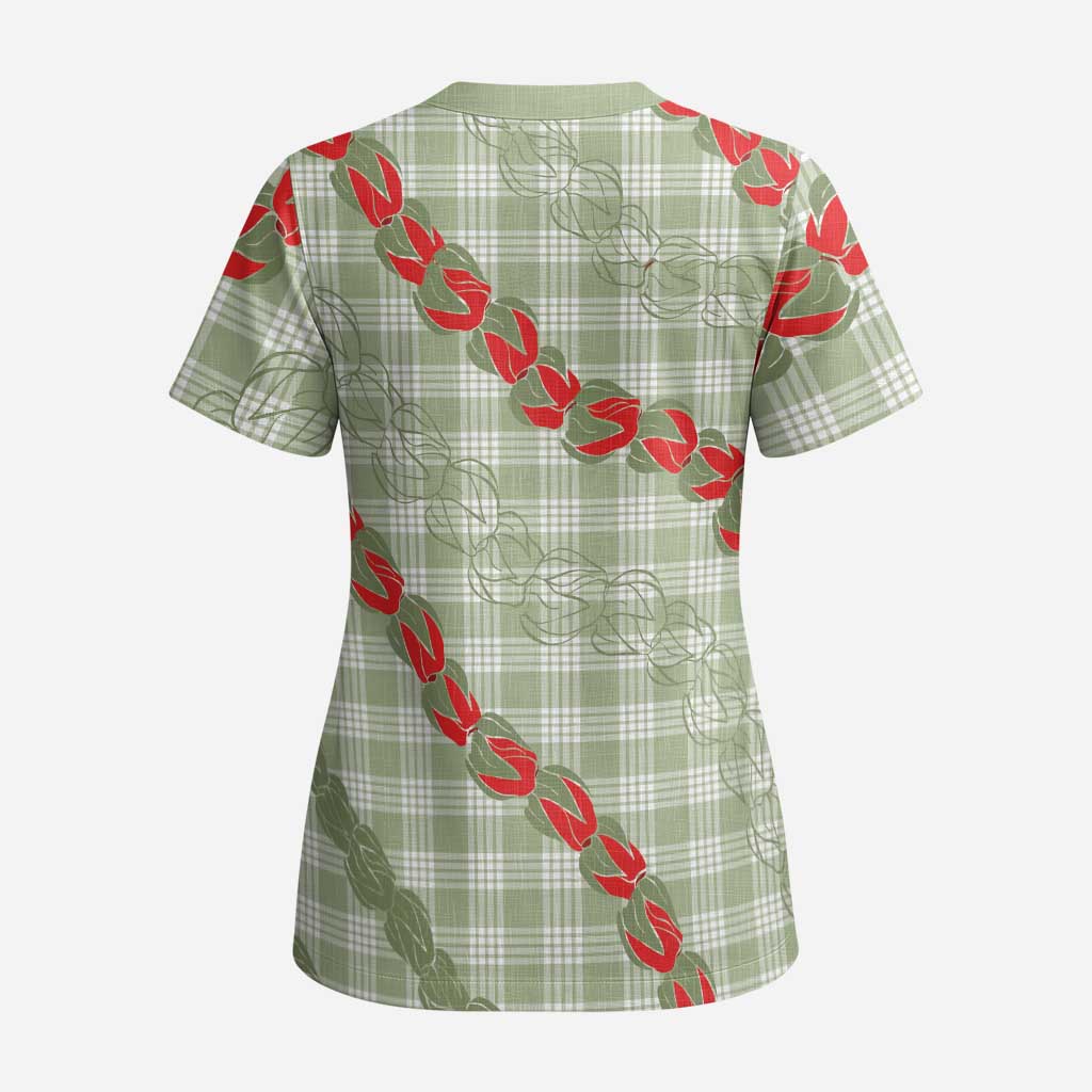 Omaomao Aloha Hawaii Scrub Top Rosebud Lei With Palaka Motif - Polynesian Pride