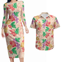 Colorful Aloha Hawaii Hibiscus Orchid Seamless Couples Matching Long Sleeve Bodycon Dress and Hawaiian Shirt