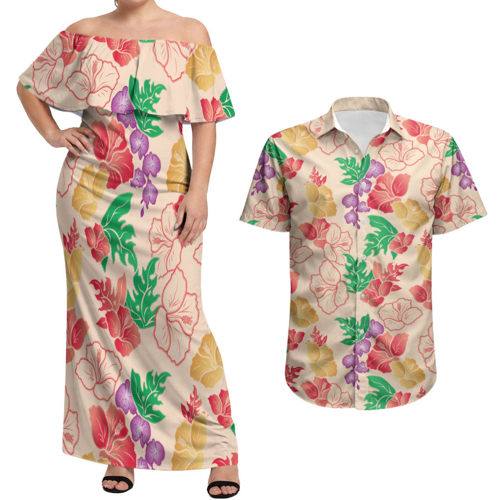 Colorful Aloha Hawaii Hibiscus Orchid Seamless Couples Matching Off Shoulder Maxi Dress and Hawaiian Shirt
