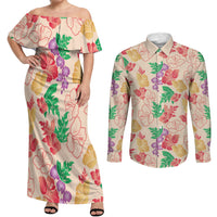 Colorful Aloha Hawaii Hibiscus Orchid Seamless Couples Matching Off Shoulder Maxi Dress and Long Sleeve Button Shirt