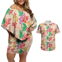 Colorful Aloha Hawaii Hibiscus Orchid Seamless Couples Matching Off Shoulder Short Dress and Hawaiian Shirt