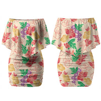 Colorful Aloha Hawaii Hibiscus Orchid Seamless Couples Matching Off Shoulder Short Dress and Hawaiian Shirt