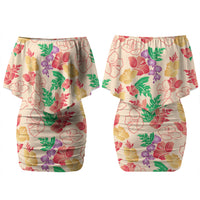 Colorful Aloha Hawaii Hibiscus Orchid Seamless Couples Matching Off Shoulder Short Dress and Long Sleeve Button Shirt