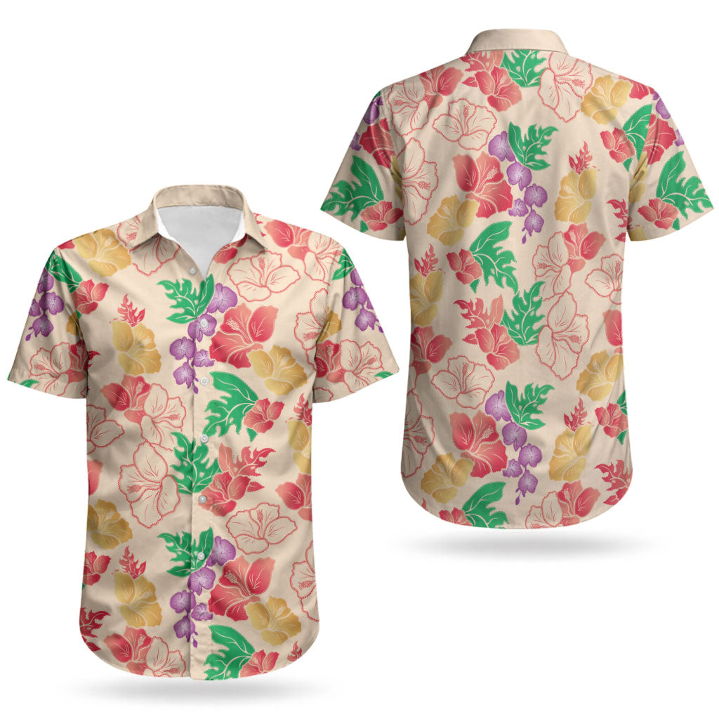 Colorful Aloha Hawaii Hibiscus Orchid Seamless Couples Matching Off The Shoulder Long Sleeve Dress and Hawaiian Shirt