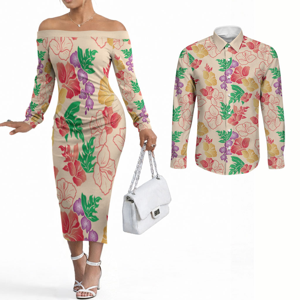 Colorful Aloha Hawaii Hibiscus Orchid Seamless Couples Matching Off The Shoulder Long Sleeve Dress and Long Sleeve Button Shirt