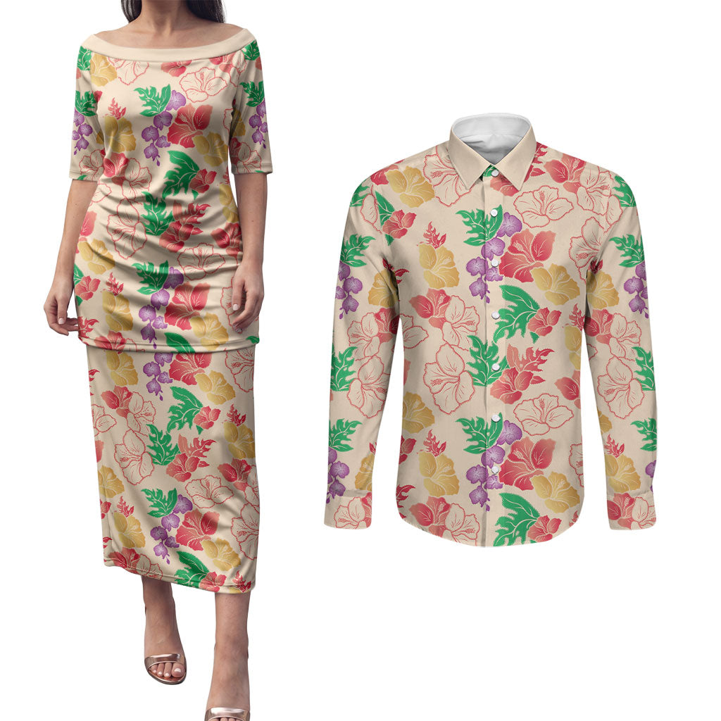Colorful Aloha Hawaii Hibiscus Orchid Seamless Couples Matching Puletasi and Long Sleeve Button Shirt