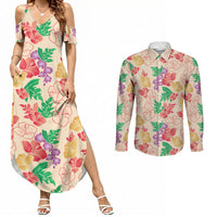Colorful Aloha Hawaii Hibiscus Orchid Seamless Couples Matching Summer Maxi Dress and Long Sleeve Button Shirt