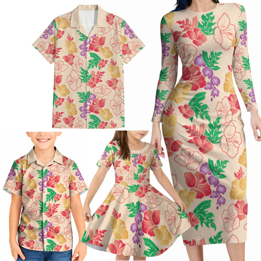 Colorful Aloha Hawaii Hibiscus Orchid Seamless Family Matching Long Sleeve Bodycon Dress and Hawaiian Shirt