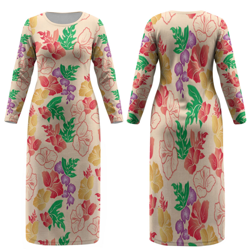 Colorful Aloha Hawaii Hibiscus Orchid Seamless Family Matching Long Sleeve Bodycon Dress and Hawaiian Shirt