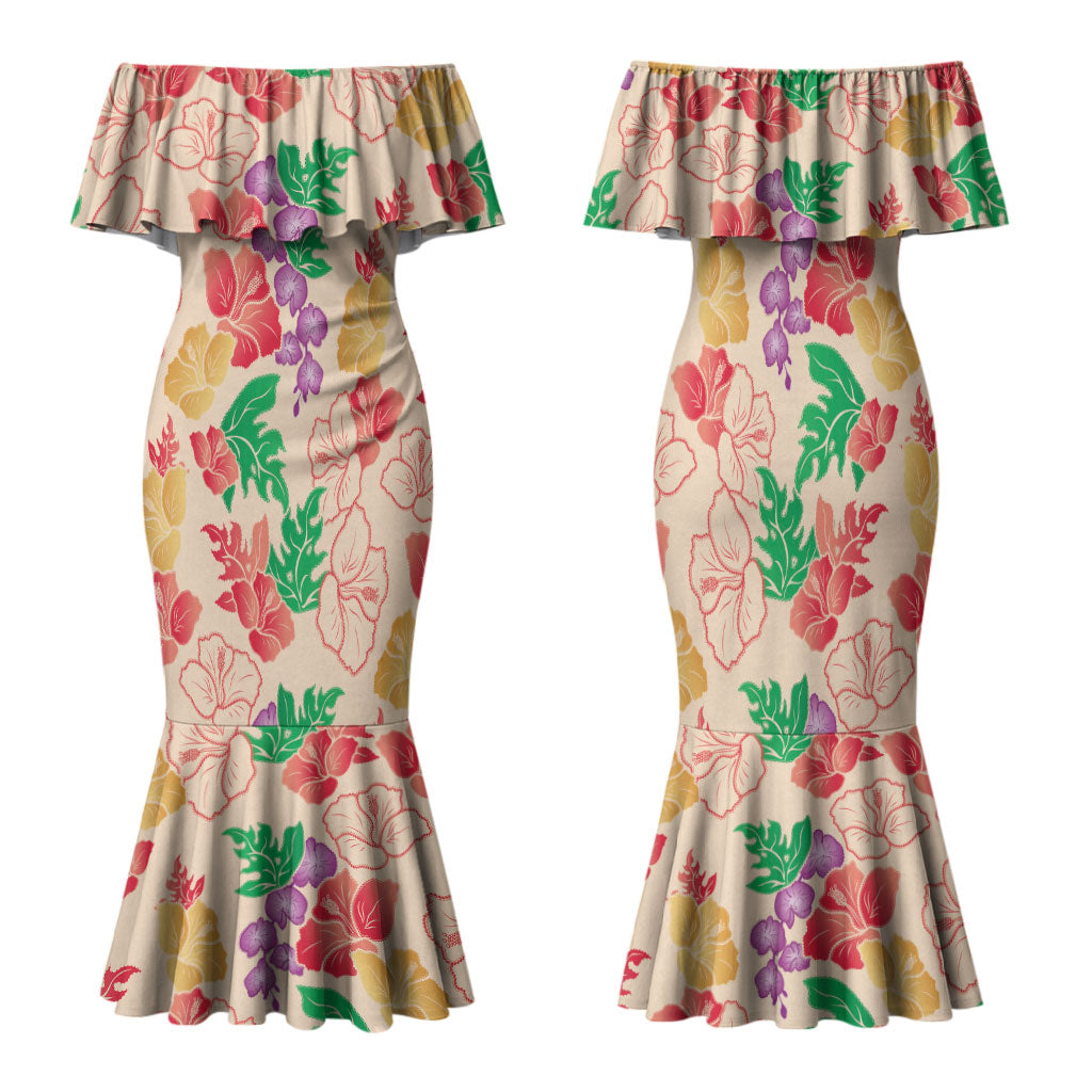 Colorful Aloha Hawaii Hibiscus Orchid Seamless Family Matching Mermaid Dress and Hawaiian Shirt