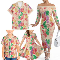 Colorful Aloha Hawaii Hibiscus Orchid Seamless Family Matching Off The Shoulder Long Sleeve Dress and Hawaiian Shirt