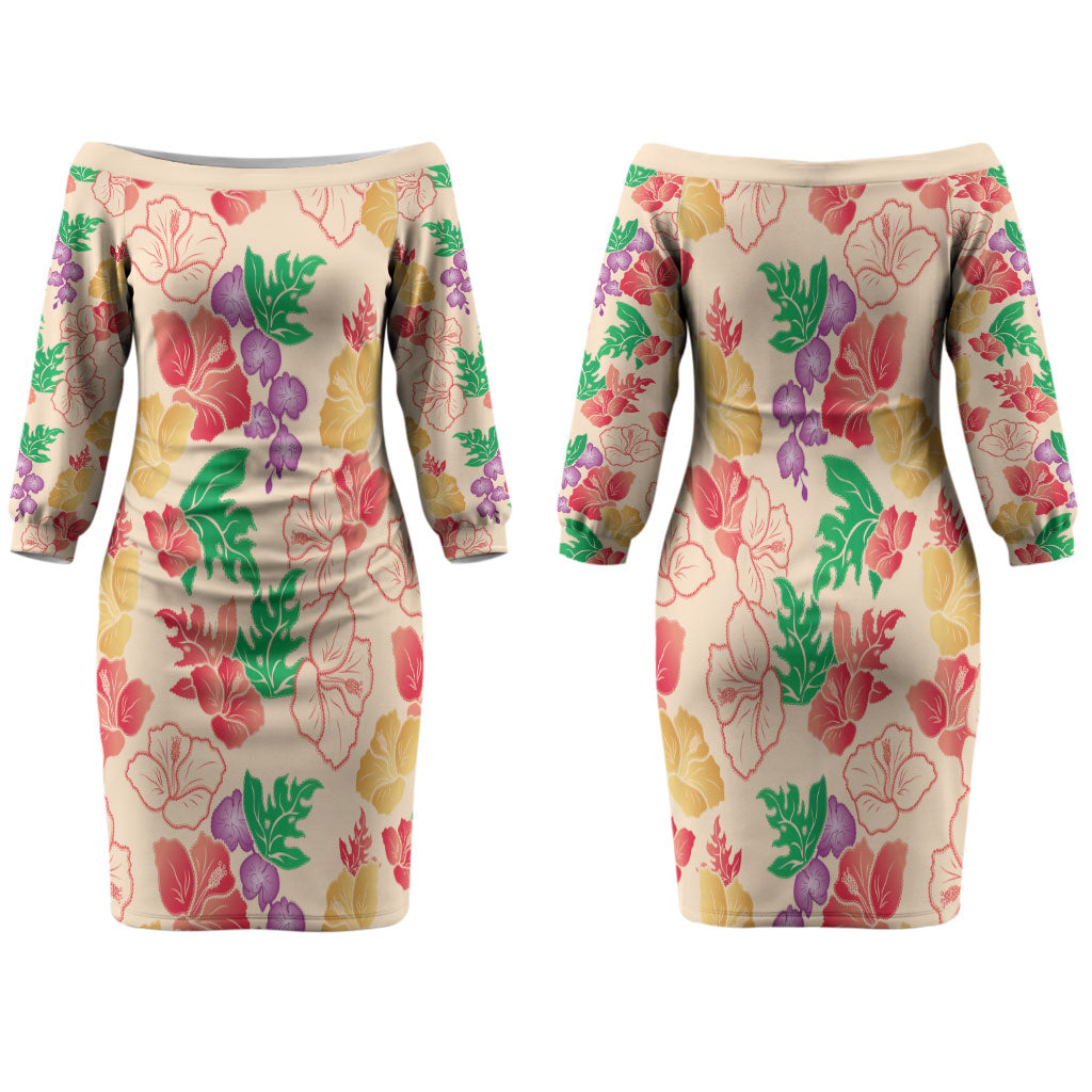 Colorful Aloha Hawaii Hibiscus Orchid Seamless Family Matching Off The Shoulder Long Sleeve Dress and Hawaiian Shirt
