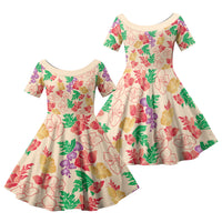 Colorful Aloha Hawaii Hibiscus Orchid Seamless Family Matching Off The Shoulder Long Sleeve Dress and Hawaiian Shirt